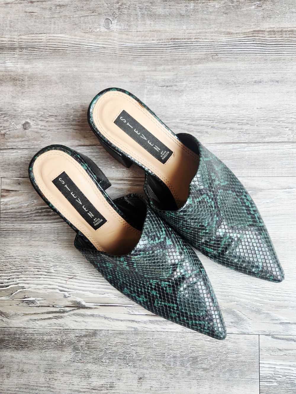 Steven by Steve Madden Green Snake-Print Pointed Toe Mules